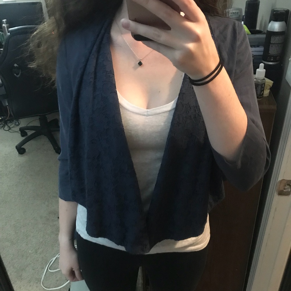 Forever 21 Cropped Blue Lace Shawl Collar Jacket